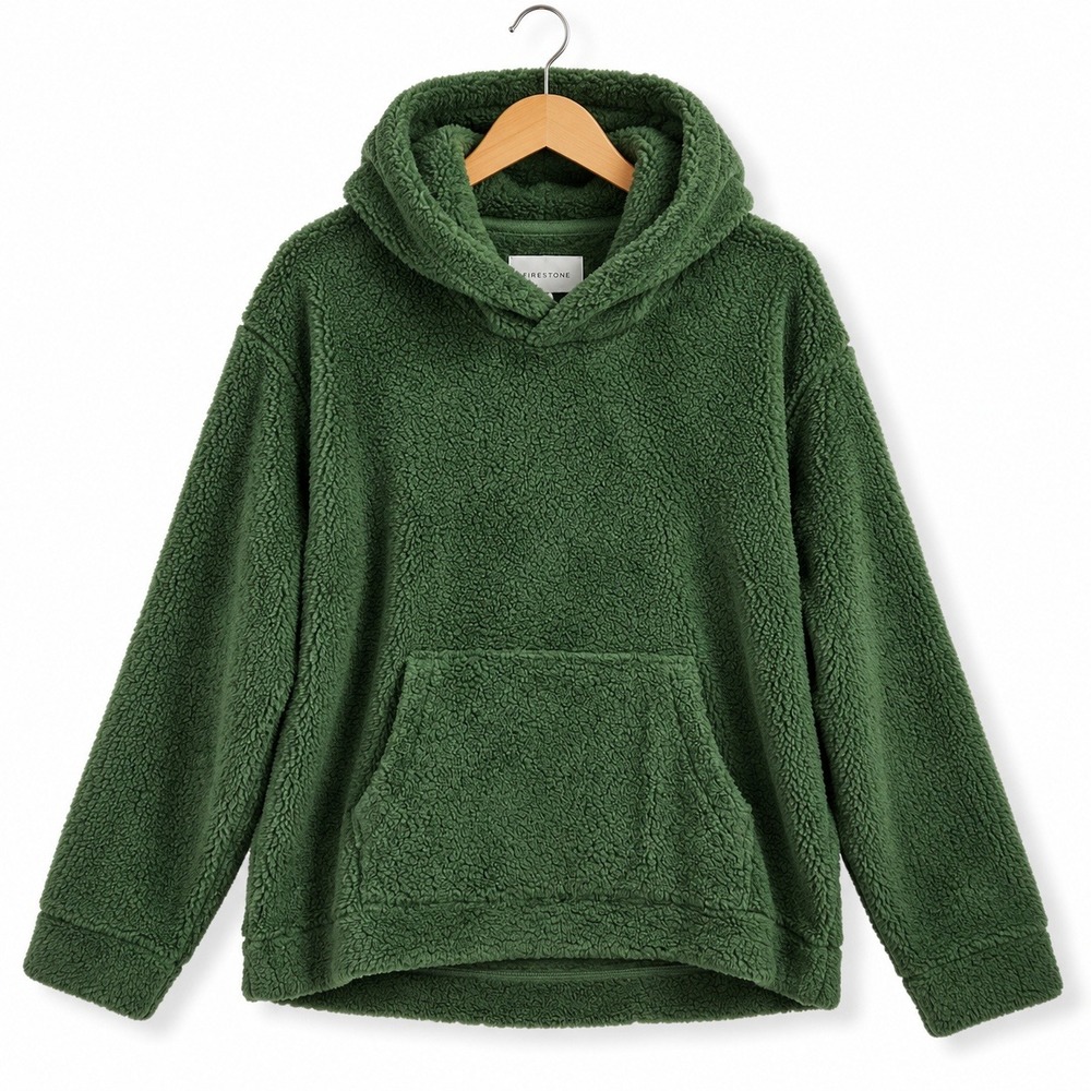 Sun + Stone Sherpa Hoodie Mens XXL Black Forest Green Fleece Pullover Casual